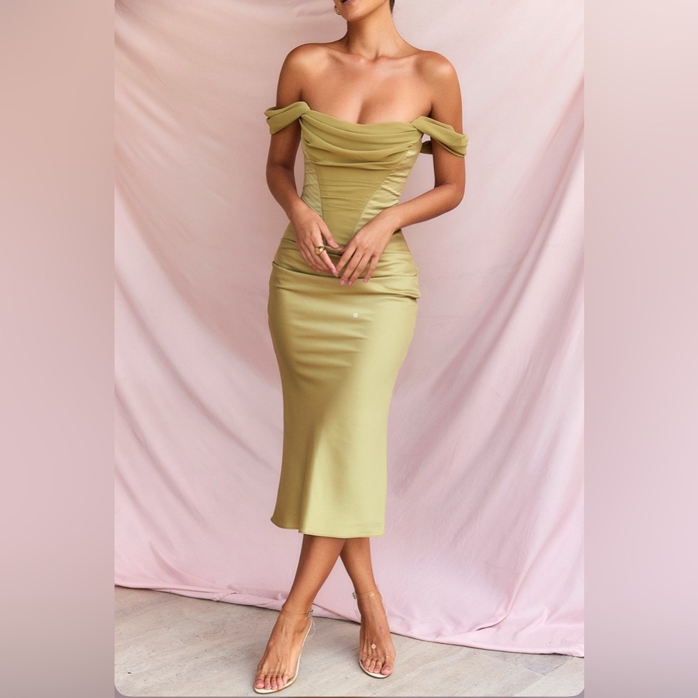 HOUSE OF CB NATALYA Olive Satin Corset Midi Dress. Size S
